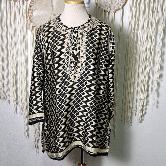 Dolma Black And Beige Silk Long Sleeve Embroidered Tunic Top Size Large - Picture 1 of 10